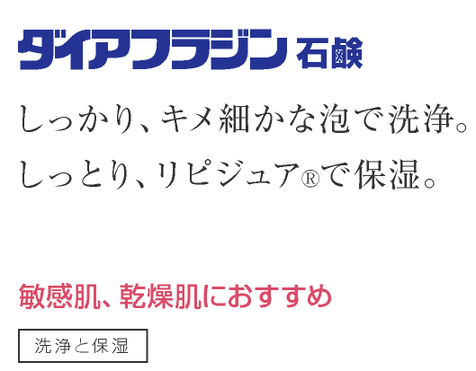 ダイアフラジン石鹸：しっかりきめ細やかな泡で洗浄。しっとりリビジュアで保湿